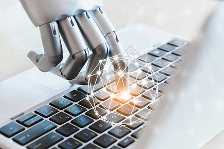 机器人的手和手指指向技术笔记本电脑按钮顾问聊天机器人机器人人工智能概念图片