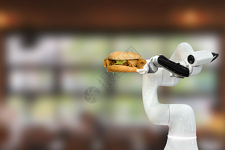 智能机器人食品在餐厅未来机器人自动化中拿着汉堡包提高效率工作菜单技术顾问垃圾食物商业人工智能机器金属图片