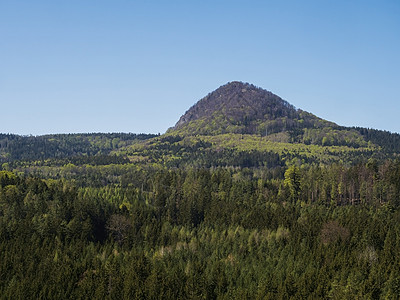 Lusatian山脉的春地 其景点为Klic或Kleis角山丘 新鲜的低沉和采树林 蓝天空背景 水平 复制空间天线爬坡假期远足森图片