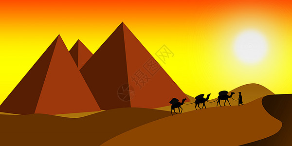 骆驼在沙漠中行走的金字塔蓝色插图热带橙子假期远足渲染天空旅游沙丘图片