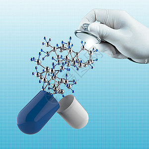 科学家用手触摸到I类的虚拟分子结构勘探抗生素心理学治愈疼痛医学药剂蓝色制药胶囊图片
