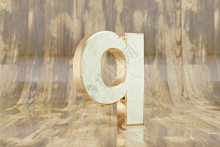 金色 3d 字母 Q 小写 有光泽的湿木背景上的金色字母  3d 呈现的字体字符图片