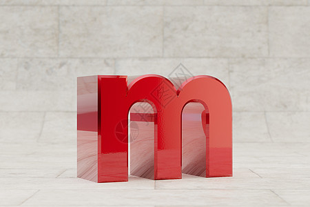 红色 3d 字母 M 小写 石材瓷砖背景上有光泽的红色金属字母  3d 呈现的字体字符图片