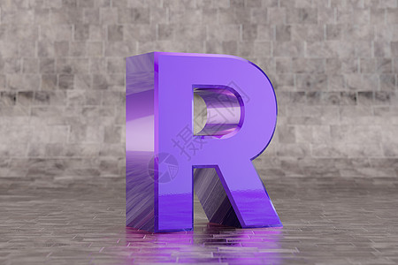 紫色 3d 字母 R 大写 瓷砖背景上有光泽的靛蓝字母  3d 呈现的字体字符图片