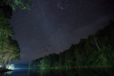 夜色风景 以乳白色的方式和星光观视宇宙银河系星云月亮场景科学星系黑暗森林插图图片