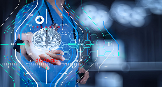具有脑3D肉类的医生 他手上有作为概念的大脑3d肉类报告屏幕界面按钮工作数据电脑药品考试卫生图片