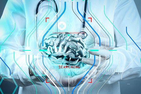 具有脑3D肉类的医生 他手上有作为概念的大脑3d肉类网络屏幕保健男性药片展示心脏病专家医院考试图片