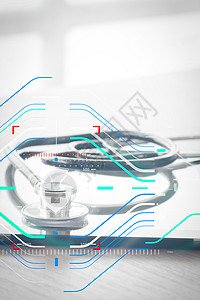木制表b上的听诊器和数字平板板诊所商业制药网络金融生活治疗情况风险健康图片