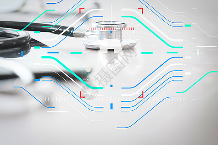 木制表b上的听诊器和数字平板板技术诊所帮助医院健康生活药店情况制药处方图片