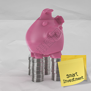 3D站立在猪肉银行上贴着纸条的智能投资战略增长硬币财富现金回报优胜者商业安全储蓄图片