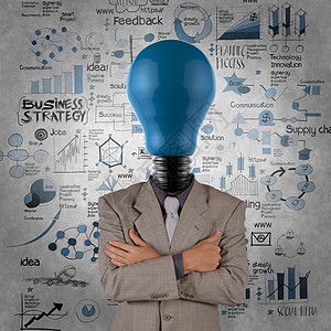 商务人士灯泡 3d 蓝色头与商业战略回来图片
