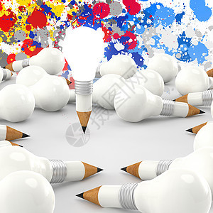 创意设计业务作为铅笔灯泡 3d 和飞溅颜色智力战略品牌公司商业方法项目思考生长竞赛图片