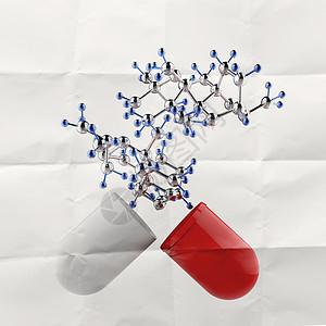 医用胶囊和皱纸上的分子结构作为 con化学制药处方蓝色医学止痛药抗生素卫生心理学治愈图片