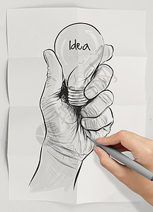 手画灯泡 在折叠纸上用民主选举学会的文字作为封顶创新文档头脑绘画解决方案商业展示铅笔海报动机图片