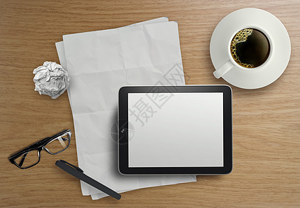 3d 空平板电脑和一杯咖啡在木制 des职场互联网办公室软垫笔记本展示网络屏幕桌子触摸屏图片