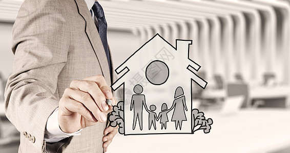 手绘家庭和房子作为保险概念建筑管理人员建筑学公寓销售资源金融财产安全抵押图片