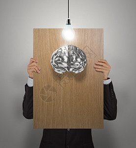 商务人士手展示 3d 金属大脑的木制海报作为概念图片