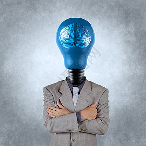 商务人士与灯头 3d 金属大脑作为概念网络软垫男人男性风暴界面展示灯泡商业智力图片