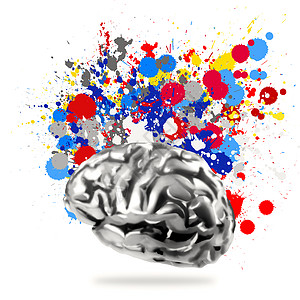 创意 3d 金属人脑与飞溅颜色背景 a思维皮层智慧教育艺术家知识草图想像力心理手绘图片