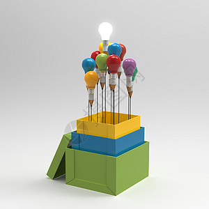 3D型灯泡 视其为盒子外的思考和领导力立方体包装解决方案领导者铅笔人士思维绘画活力创新图片