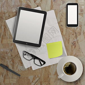 3d 空平板电脑和一杯咖啡 木头上有记事本检查互联网商业屏幕触摸屏桌子软垫技术笔记本眼镜图片