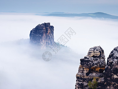 由浓雾露出深雾的沙石岩帝国 深雾谷韧性旅游爱好公园顶峰登山危险石头国家大雾图片