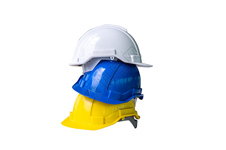 3个首度头盔 黄色 蓝色和白色安全工人解说图片