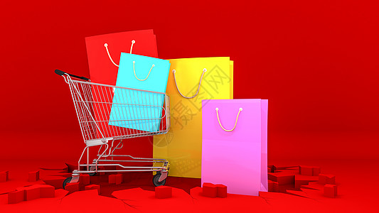 在购物车的五颜六色的纸购物袋与在裂缝红色地面上 购物 concept3d 渲染图片