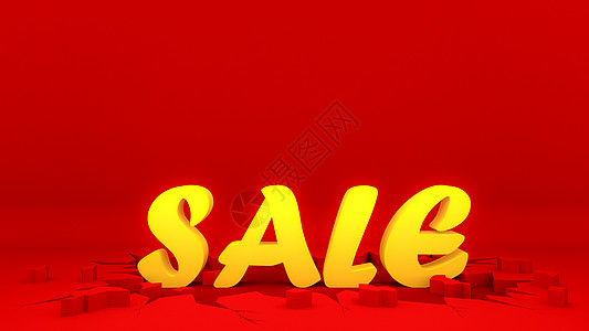 裂纹红地上的黄色销售标志 购物 concept3d 渲染图片