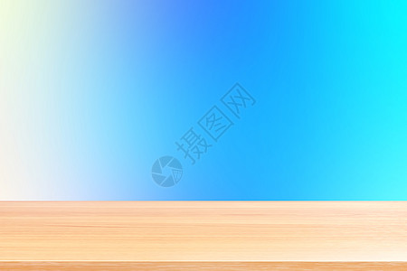 渐变蓝色软背景上的空木桌地板 木桌板空前彩色渐变 浅蓝色渐变上的木板空白 用于展示产品或横幅广告紫色桌面坡度甲板金子彩虹柜台橙子图片