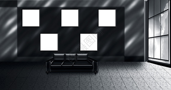 3d 渲染的房间内部 墙上只有五个空框或海报 还有一扇开着的窗户 里面有天空背景 还有一张蓝色沙发桌子地面建筑学画廊风格商业装饰图片