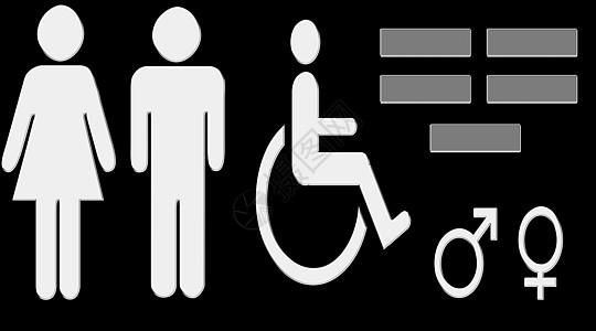 男男女女被隔离 一名男子坐在轮椅上 有两个符号是金星和火星以及5个空矩形洗澡性别卫生民众服务数字厕所男生房间女士图片