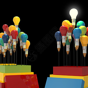 3D型灯泡 视其为盒子外的思考和领导力绘画商务创新铅笔领导者照明解决方案活力立方体白色图片