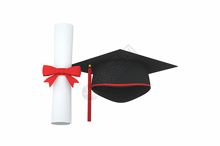 毕业帽与文凭放在白色 background3d 渲染学习医生学校智慧智力证书学院蝴蝶结成就研究生图片