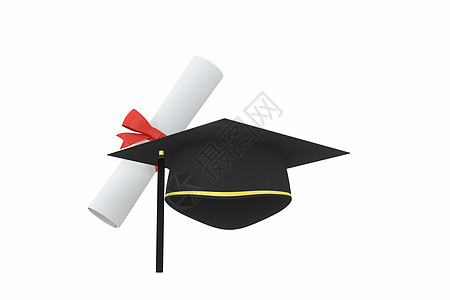 毕业帽与文凭放在白色 background3d 渲染丝带大学智慧学院学士研究生流苏学校成就帽子图片