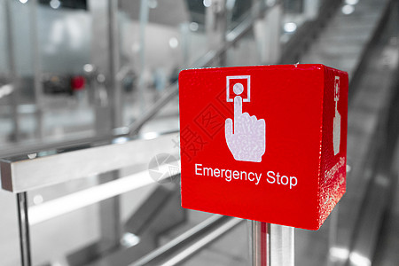 红色大扶梯紧急停机按钮特写机器水平商业安全飞机场城市技术自动扶梯帮助自动人行道图片