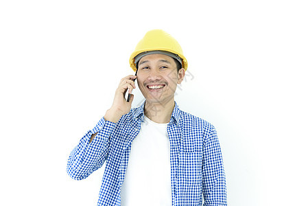 企业商工工程师雇员与蓝色Scott衬衫隔离工人建筑师商业电话职业头盔帽子冒充建设者领班图片