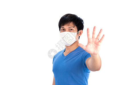 身穿蓝色T恤衫的亚洲青年男子顶罩和医疗面具以保护呼吸伤害细菌呼吸面罩卫生病人保健男人疾病感染图片