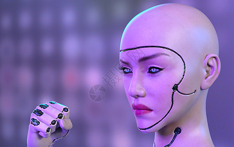 女性机器人脸和手科幻眼皮眼睛技术紫色计算机化插图人脸想像力智力图片