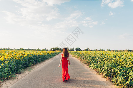 穿着红裙子的女士 在路上走着向日葵图片