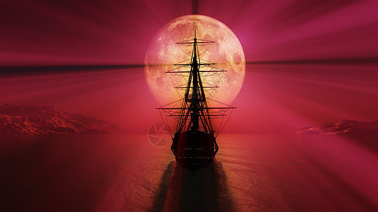 旧船在夜满月它制作图案反思帆船插图地平线月亮巡航幻影冒险血管海洋图片