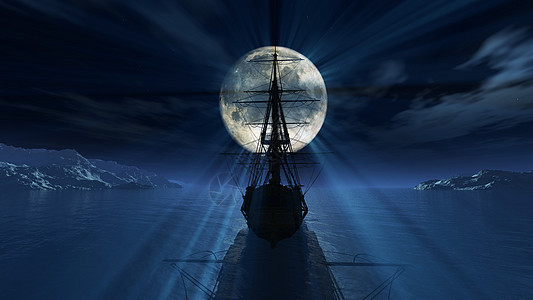 旧船在夜满月它制作图案反思3d冒险血管旅行帆船蓝色巡航海洋月亮图片