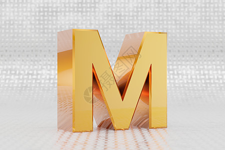 黄色 3d 字母 M 大写 金属地板背景上有光泽的黄色金属字母 3d 呈现的字体字符图片