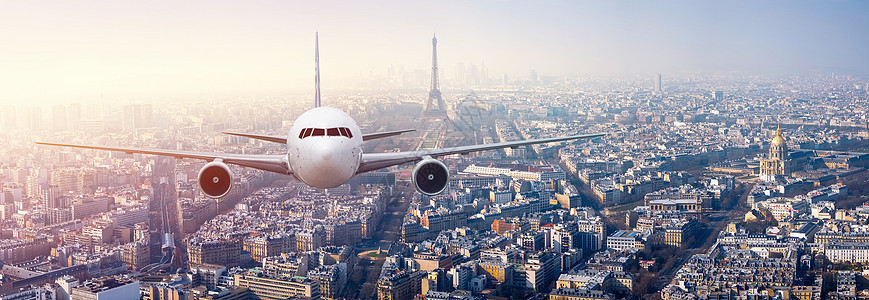 飞机在法国巴黎中心被炸成平地窗户活力商业引擎地平线航班太阳高度日落喷射图片