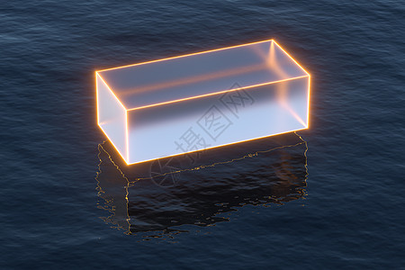 在海洋上漂浮的透明立方体 3D翻接波浪玻璃盒子棱镜毛玻璃几何水晶渲染海浪边缘图片
