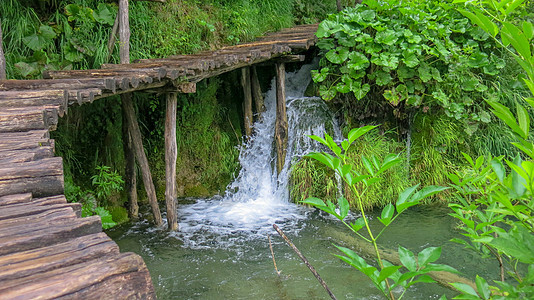 克罗地亚普利特维采湖国家公园的木制公园小径 可欣赏翡翠湖 瀑布和清澈的海水木头人行道小路途径花园池塘森林国家环境溪流图片