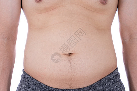 在孤立的白色背景上特写过多的脂肪腹部 男人超重的腹部 男人的饮食生活方式概念减少腹部并塑造健康的胃部肌肉 减肥 苗条的身材概念皮图片