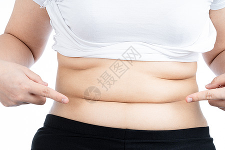 胖女人拿着过多的脂肪腹部 超重的脂肪腹部在白色背景下被隔离 饮食生活方式 减肥 胃肌 健康理念尺寸数字烧伤肥胖检查组织损失展示腰图片