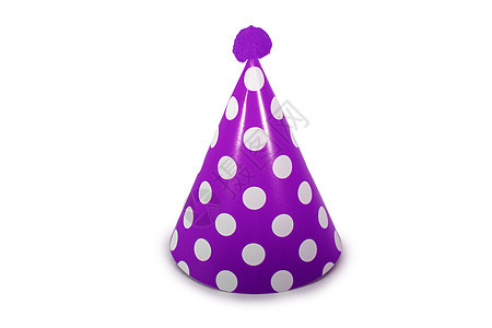 纯白背景的紫色生日礼服帽子假期活动庆祝乐趣庆典狂欢纸板服装孩子们图片