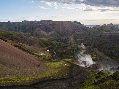 冰岛高地地区 Fjallabak 自然保护区地区五颜六色的 Rhyolit 山全景与多色火山和地热喷气孔图片